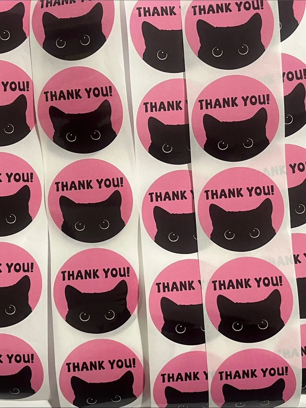 Hand Crafted 50 (2”) Pink Cat Thank You Stickers